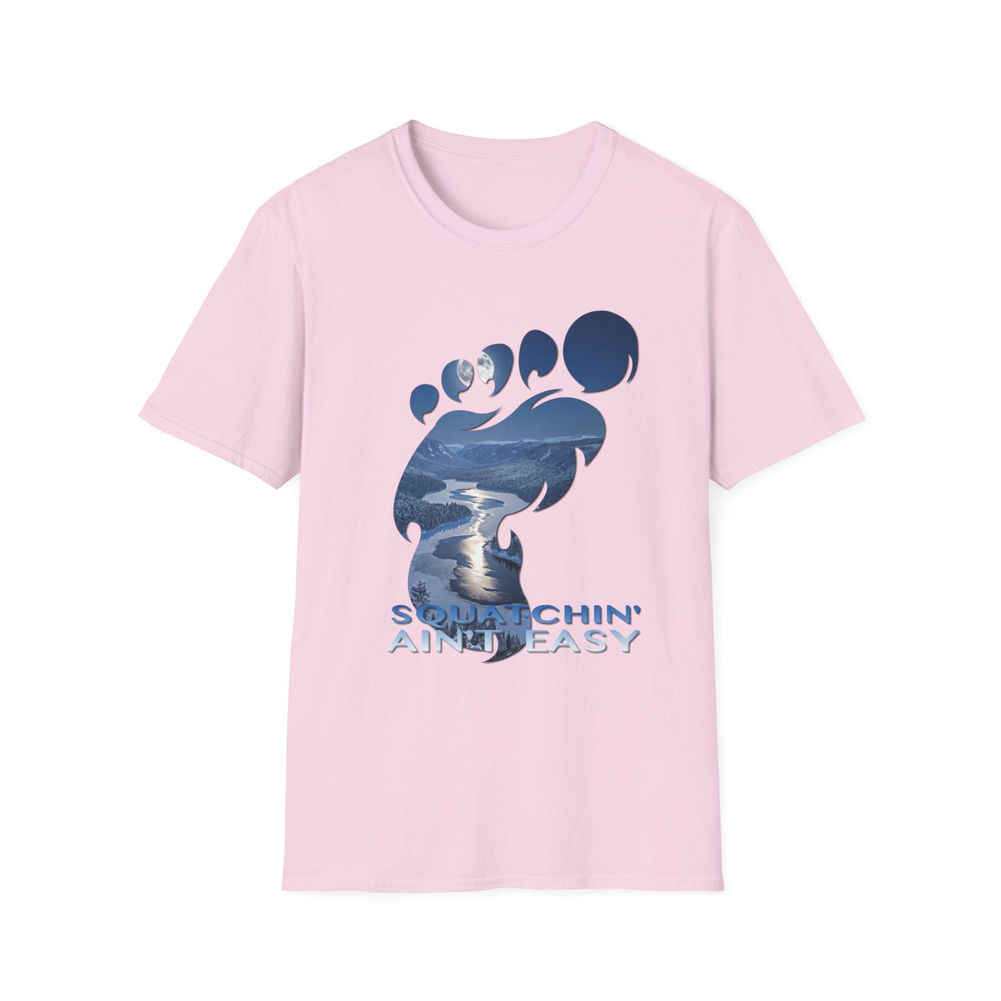 Bigfoot 'Squatchin' Ain't Easy' T-Shirt — Moonlit Winter Lake Sasquatch Tee