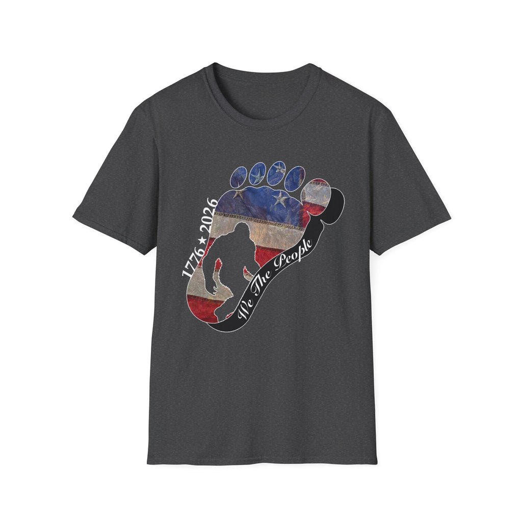 Going Norther Bigfoot T-Shirt — Footprint Silhouette with Distressed Flag & "1776 - 2026 - We The People"