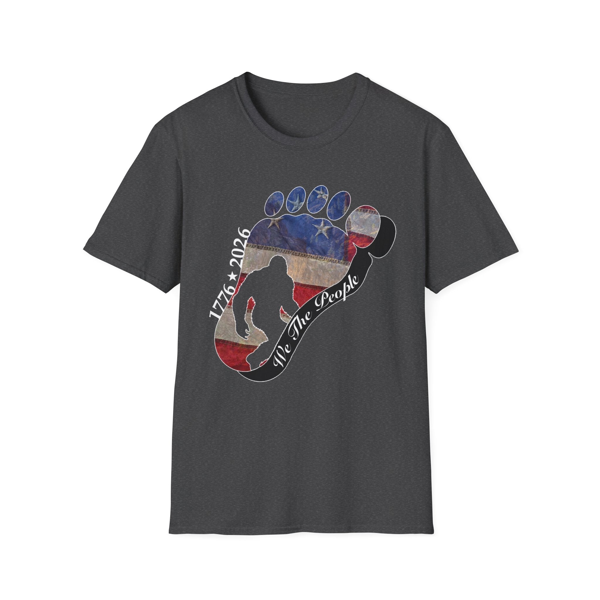 Going Norther Bigfoot T-Shirt — Footprint Silhouette with Distressed Flag & "1776 - 2026 - We The People"