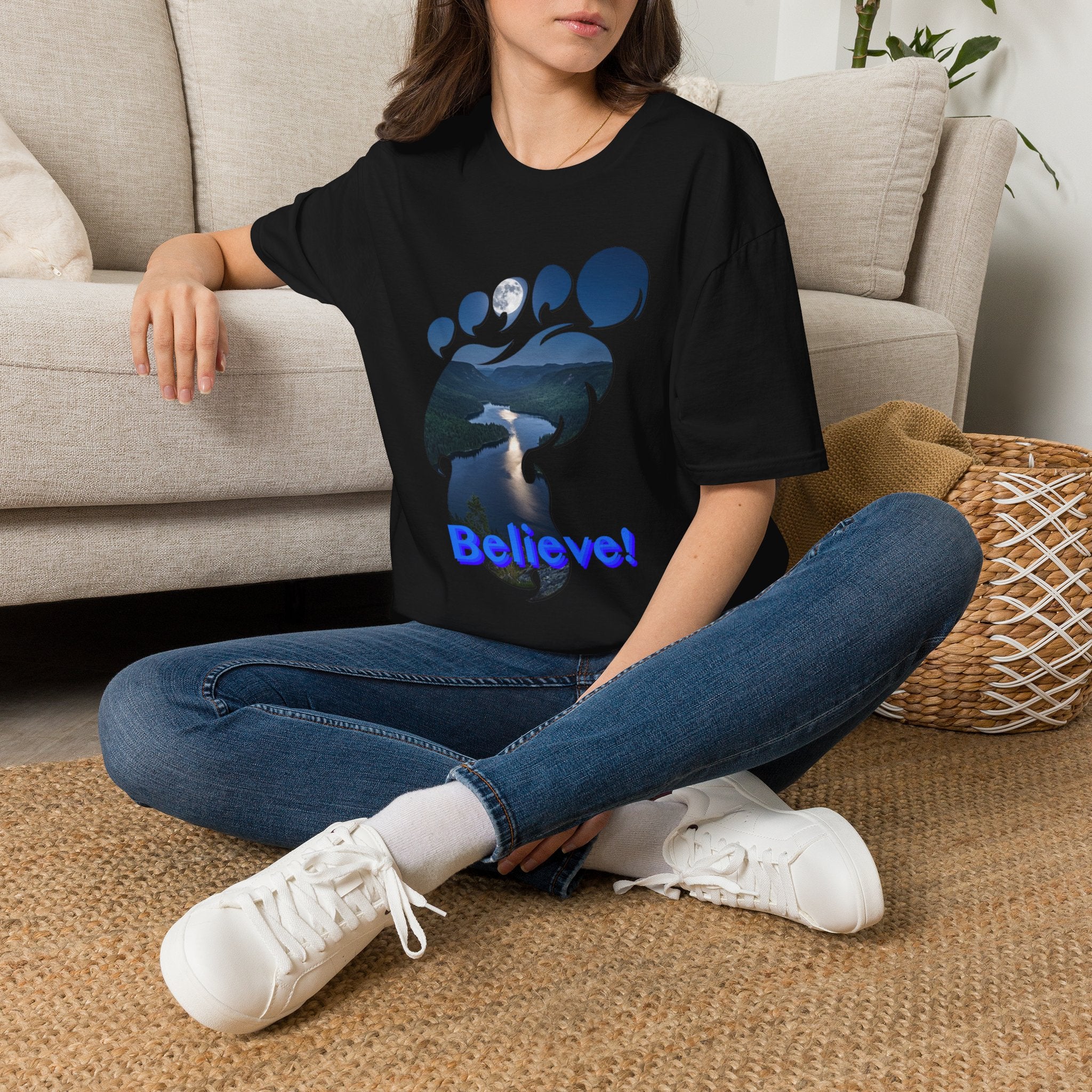 Bigfoot Footprint 'Believe!' Tee — Moonlit Northern Lake Graphic T-Shirt