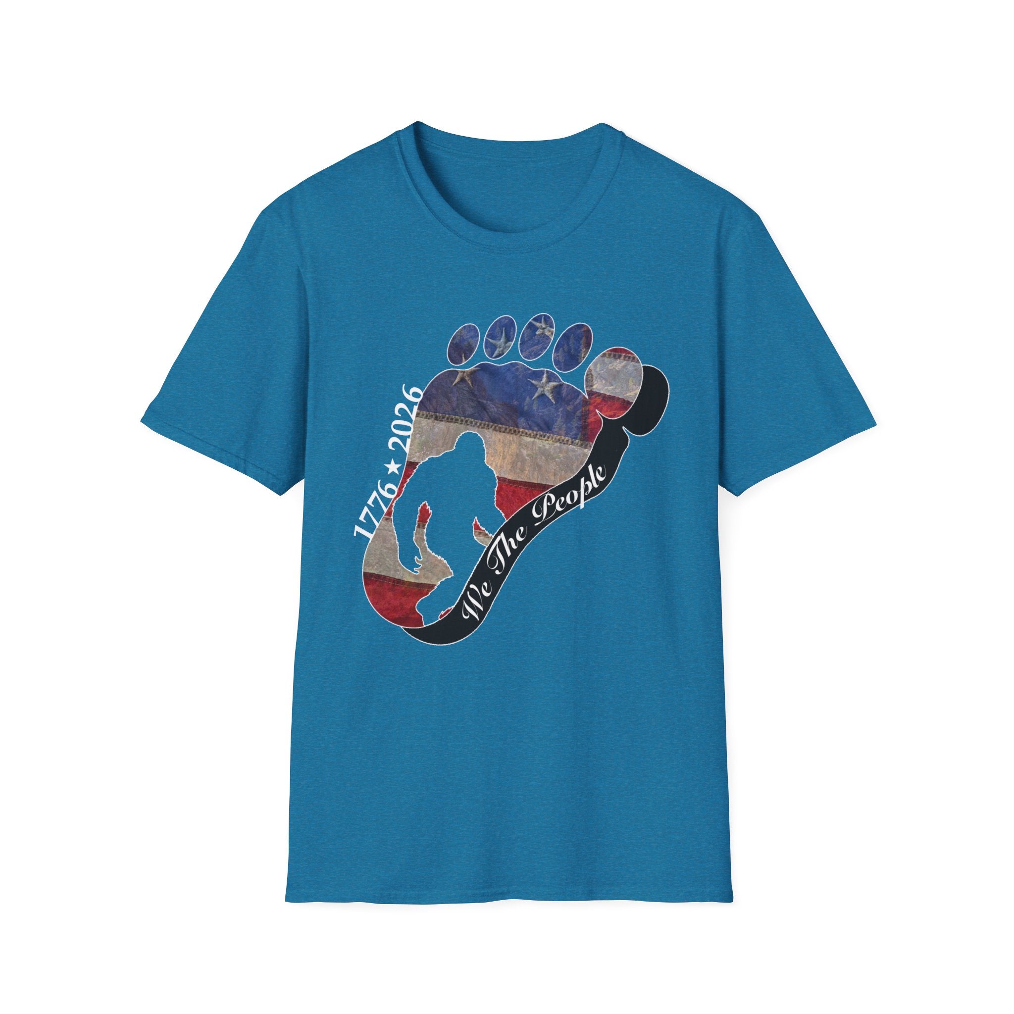 Going Norther Bigfoot T-Shirt — Footprint Silhouette with Distressed Flag & "1776 - 2026 - We The People"