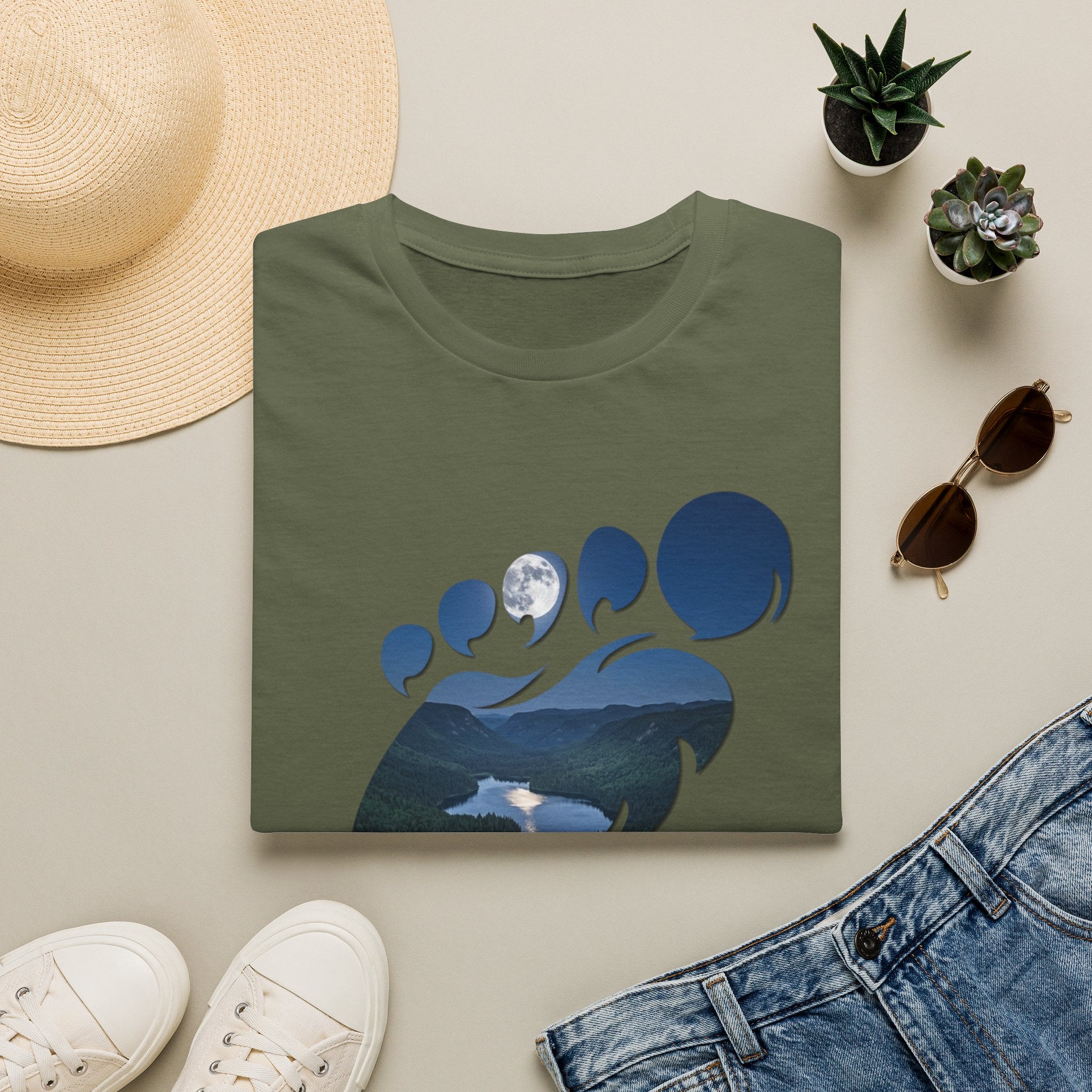 Bigfoot Footprint 'Believe!' Tee — Moonlit Northern Lake Graphic T-Shirt