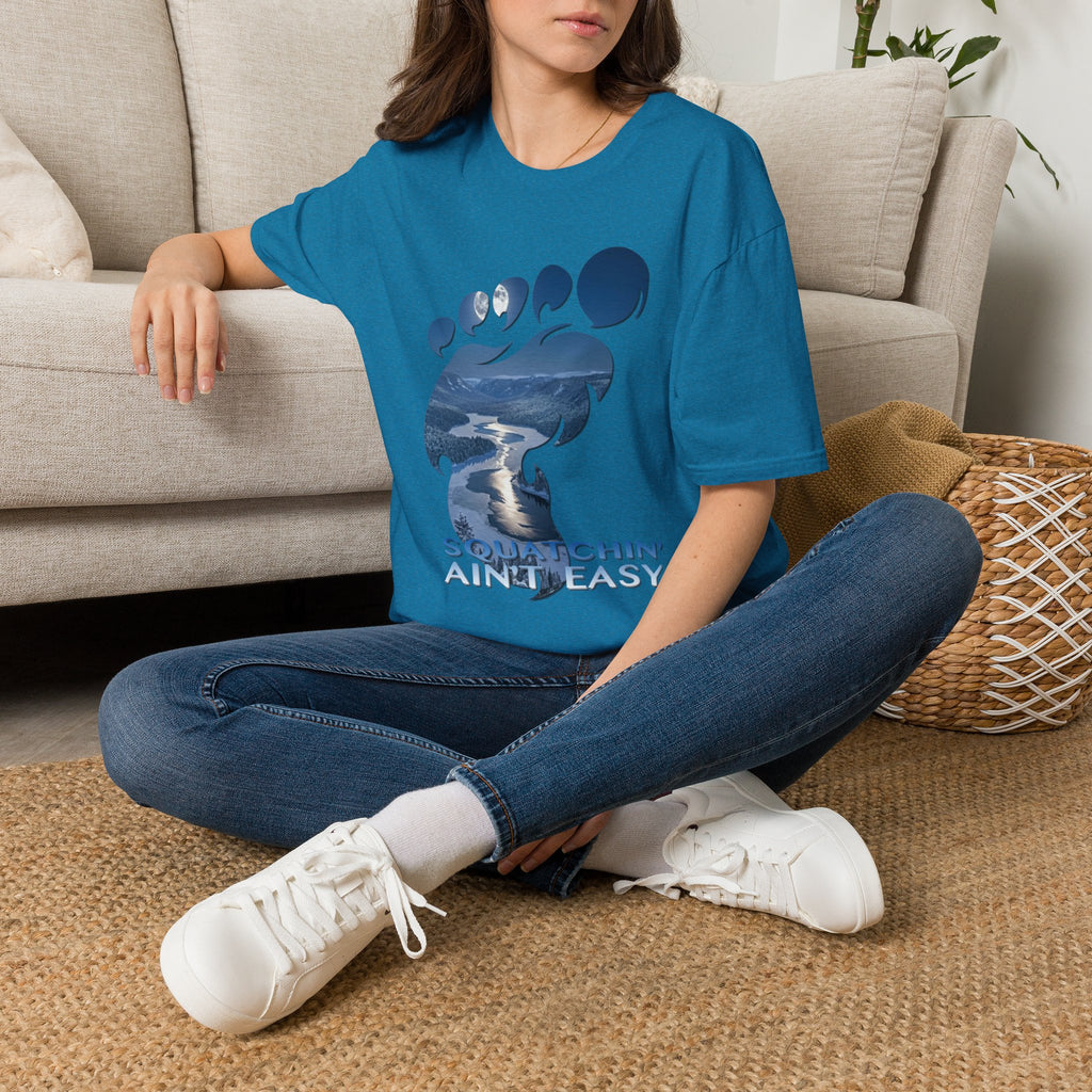 Bigfoot 'Squatchin' Ain't Easy' T-Shirt — Moonlit Winter Lake Sasquatch Tee