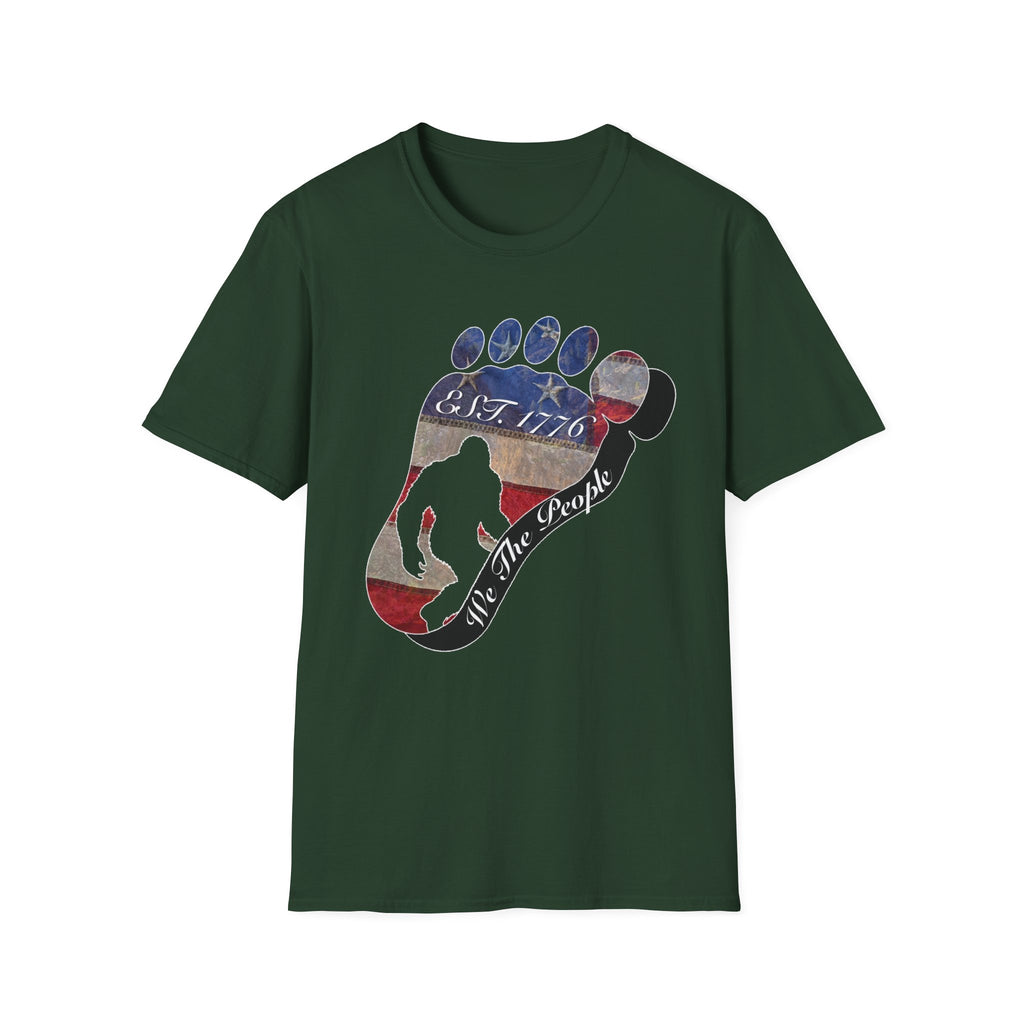Going Norther Bigfoot T-Shirt — Footprint Silhouette with Distressed Flag "EST. 1776 - We The People"