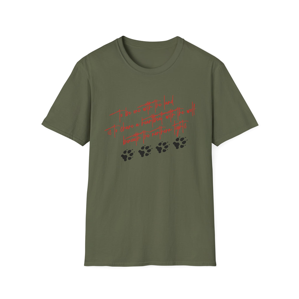 Wolf Paw Graphic T-Shirt — "To Be One with the Land" Script Tee