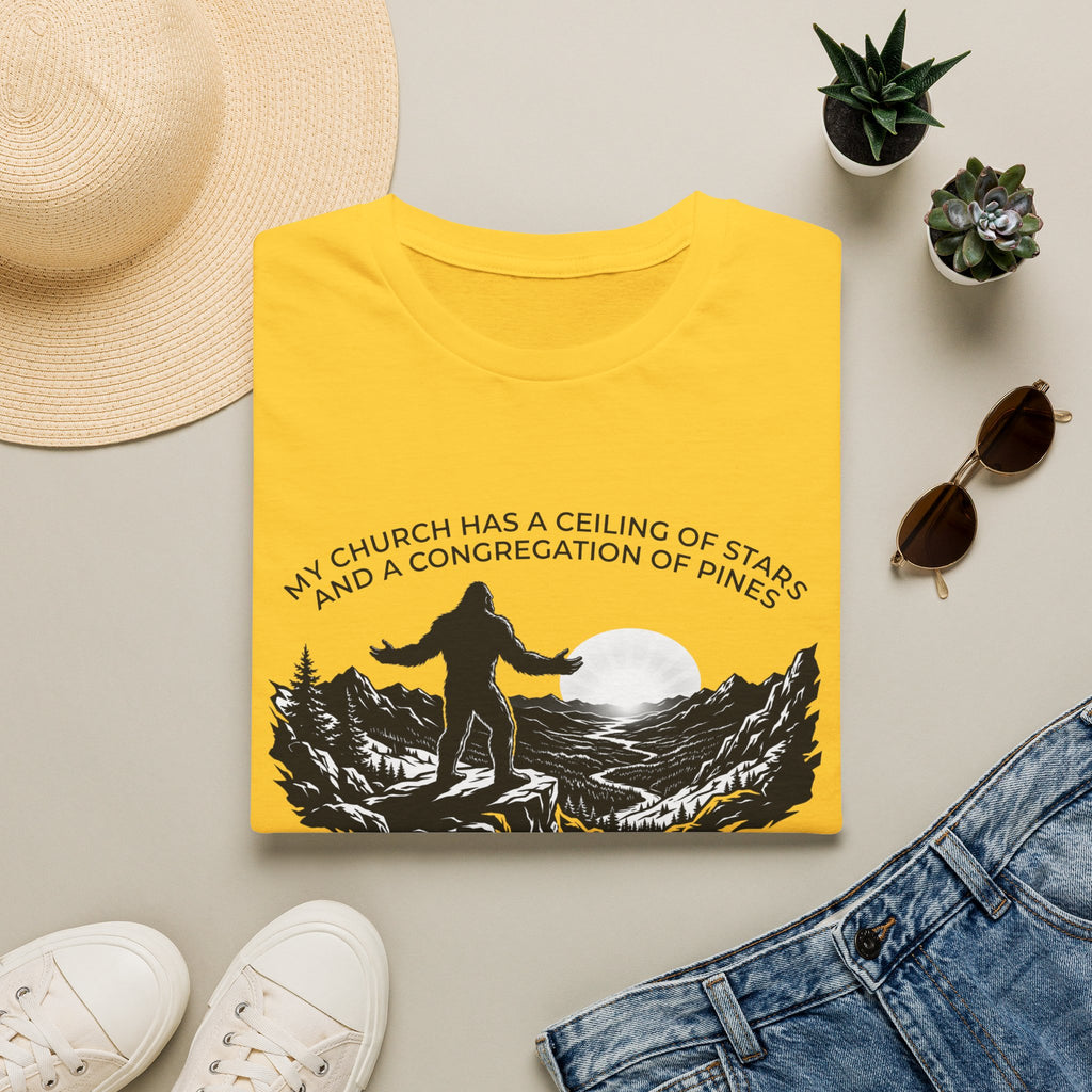 Bigfoot Outdoors Church T-Shirt — "My Church Has a Ceiling of Stars" Scenic Mountain Tee