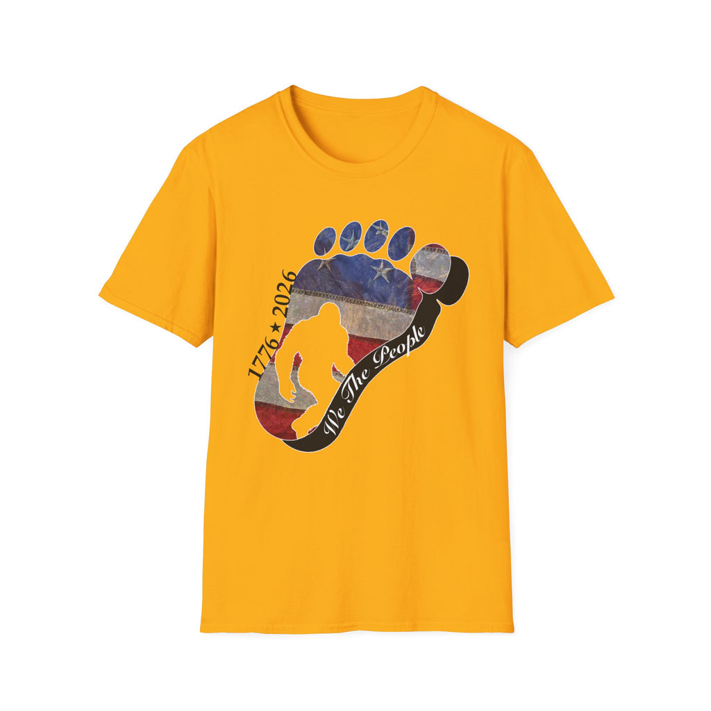 Going Norther Bigfoot T-Shirt — Footprint Silhouette with Distressed Flag & "1776 - 2026 - We The People"