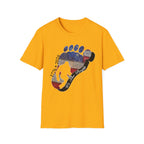 Going Norther Bigfoot T-Shirt — Footprint Silhouette with Distressed Flag & "1776 - 2026 - We The People"