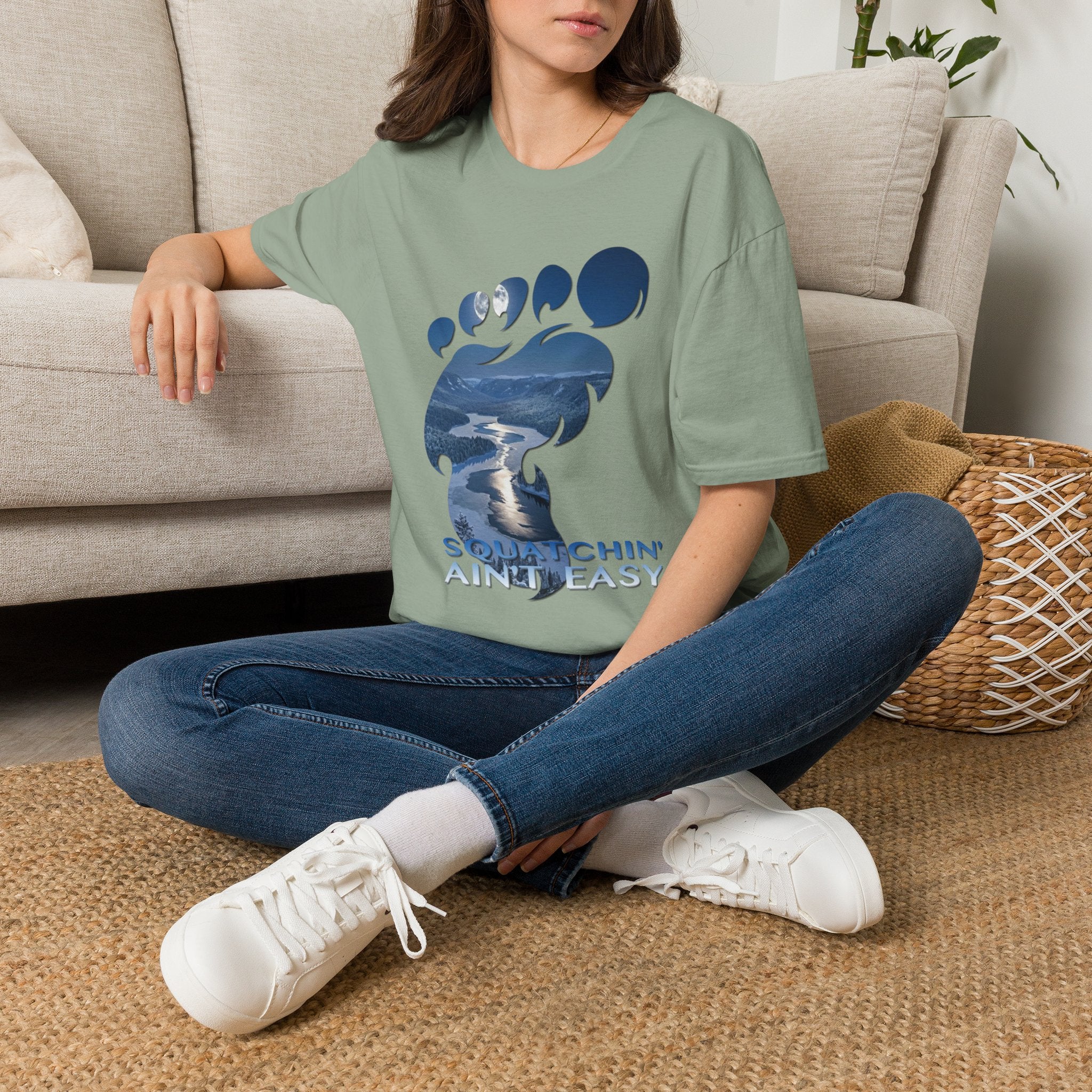 Bigfoot 'Squatchin' Ain't Easy' T-Shirt — Moonlit Winter Lake Sasquatch Tee