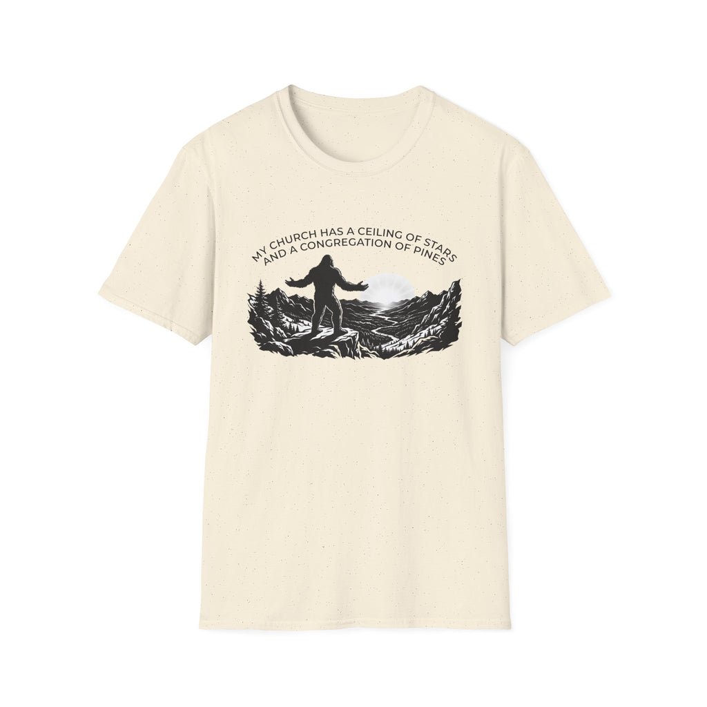 Bigfoot Outdoors Church T-Shirt — "My Church Has a Ceiling of Stars" Scenic Mountain Tee