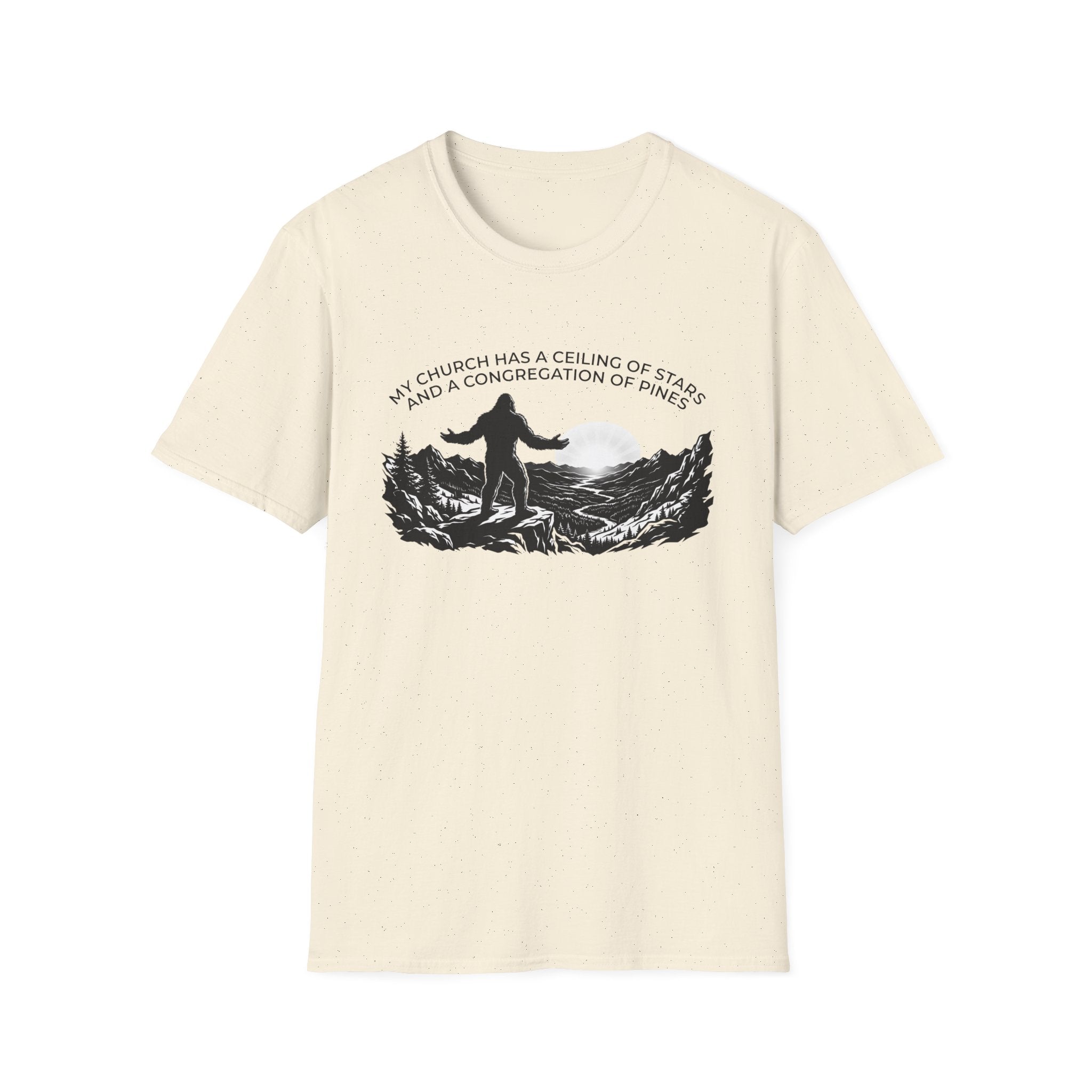 Bigfoot Outdoors Church T-Shirt — "My Church Has a Ceiling of Stars" Scenic Mountain Tee