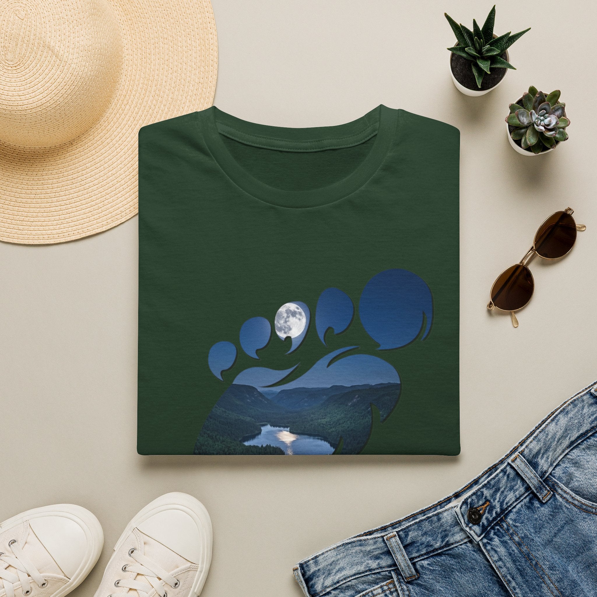 Bigfoot Footprint 'Believe!' Tee — Moonlit Northern Lake Graphic T-Shirt