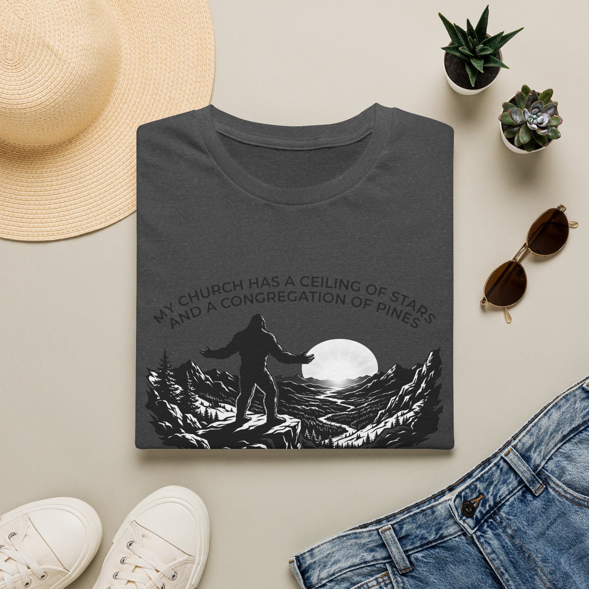 Bigfoot Outdoors Church T-Shirt — "My Church Has a Ceiling of Stars" Scenic Mountain Tee