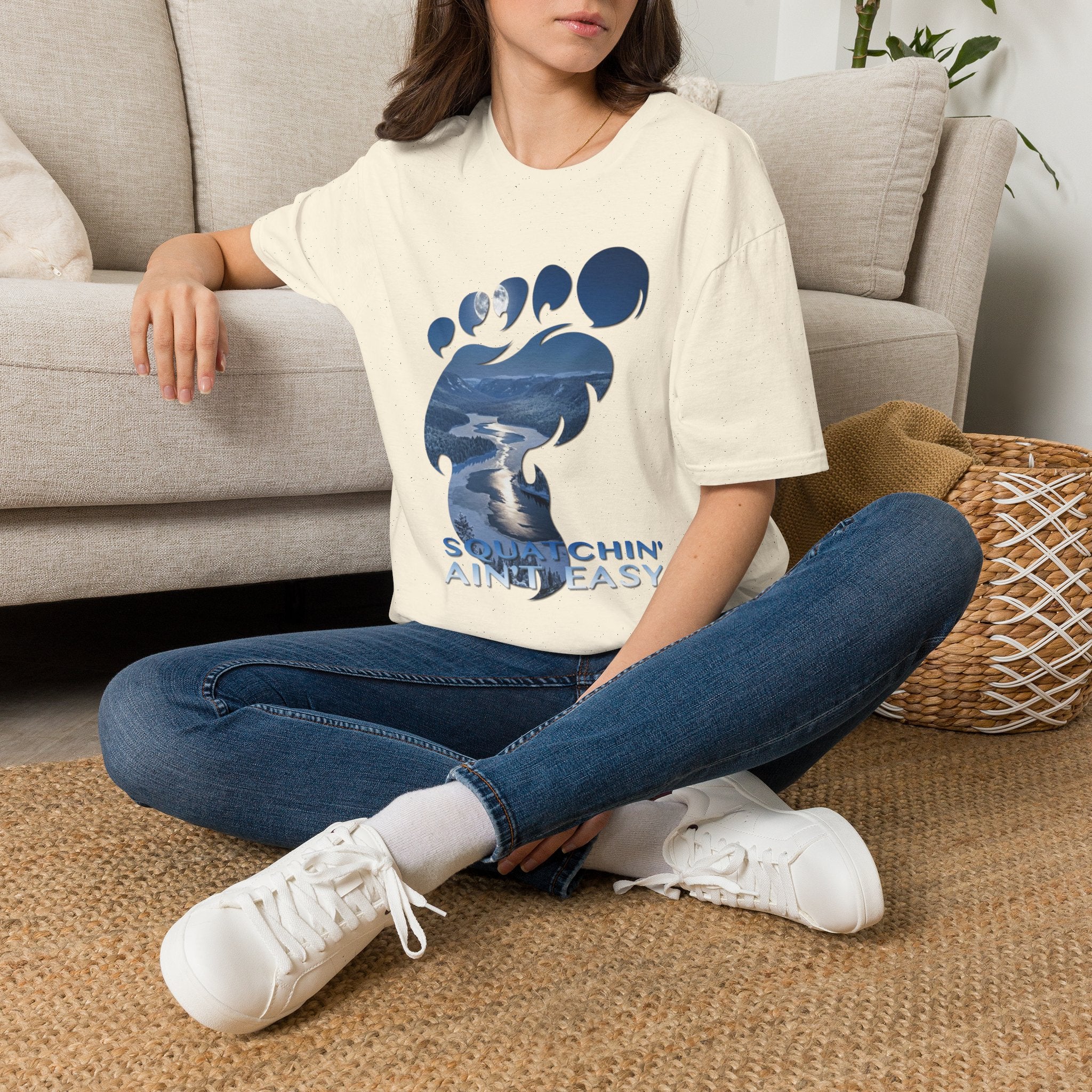 Bigfoot 'Squatchin' Ain't Easy' T-Shirt — Moonlit Winter Lake Sasquatch Tee