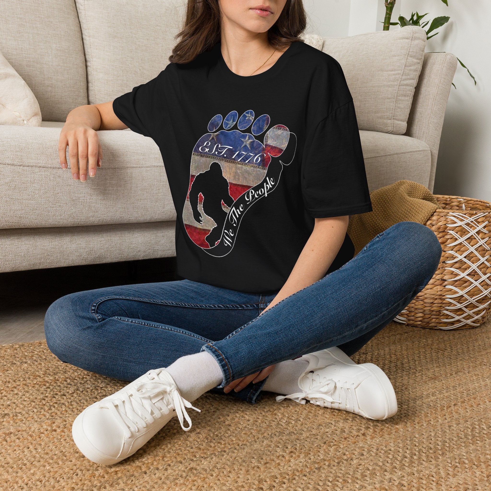 Going Norther Bigfoot T-Shirt — Footprint Silhouette with Distressed Flag "EST. 1776 - We The People"