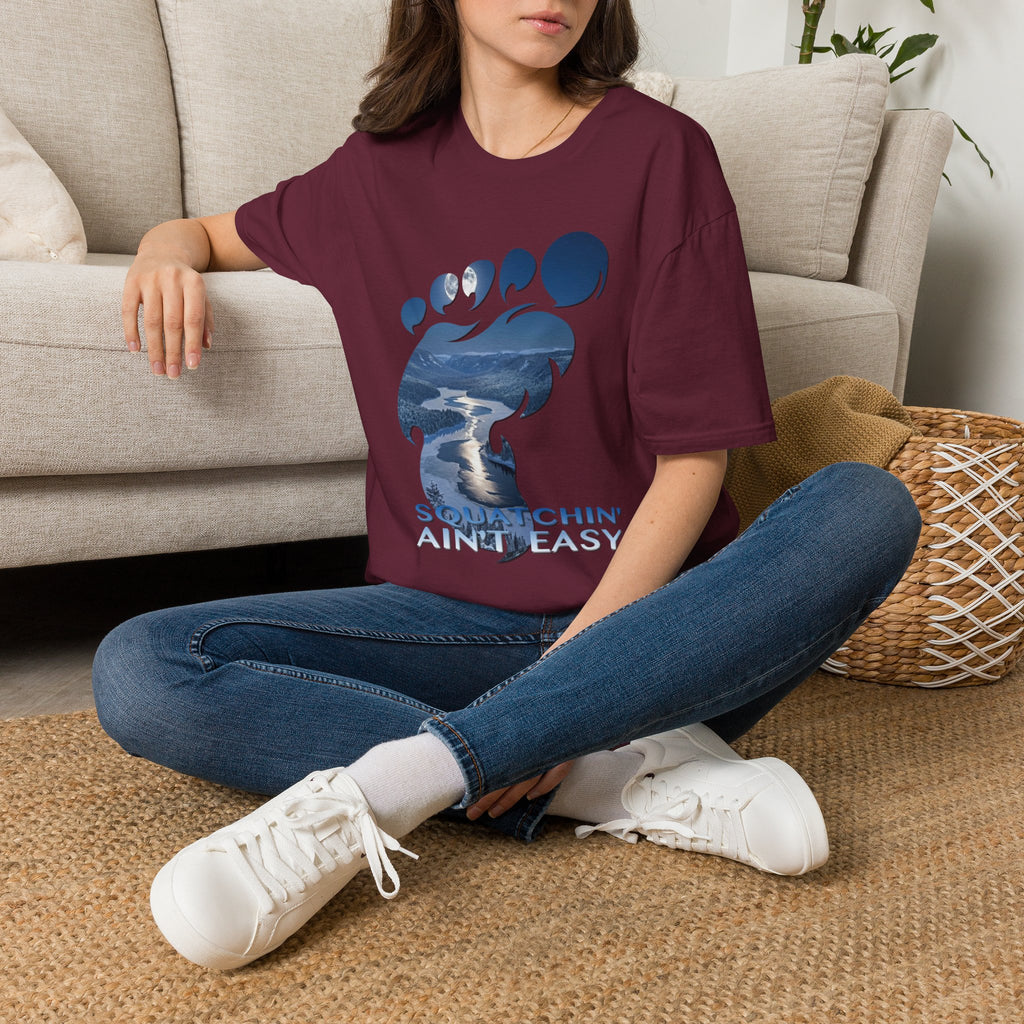 Bigfoot 'Squatchin' Ain't Easy' T-Shirt — Moonlit Winter Lake Sasquatch Tee