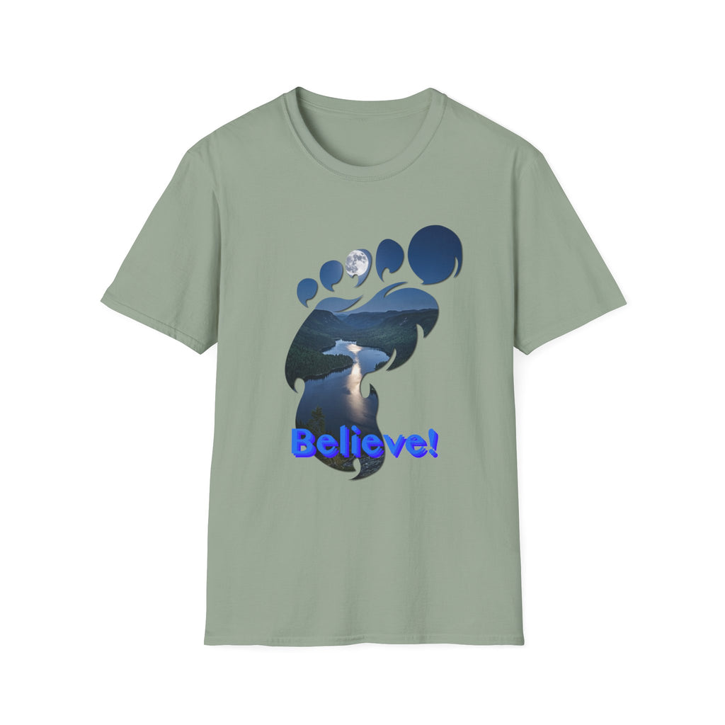 Bigfoot Footprint 'Believe!' Tee — Moonlit Northern Lake Graphic T-Shirt