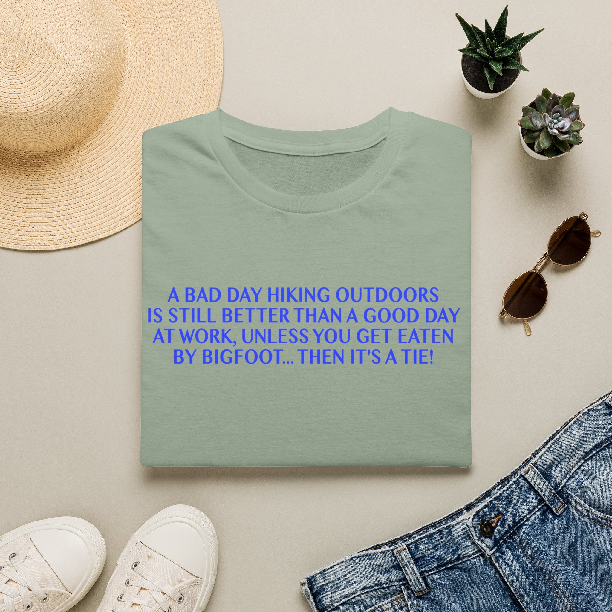 Funny Hiking T-Shirt - A Bad Day Outdoors vs. Bigfoot Tie