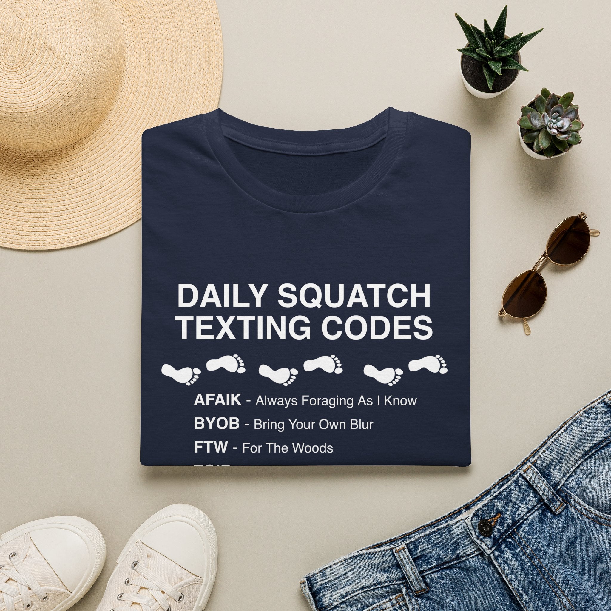 Daily Squatch Texting Codes T-Shirt — Funny Sasquatch Footprint Tee for Bigfoot Fans