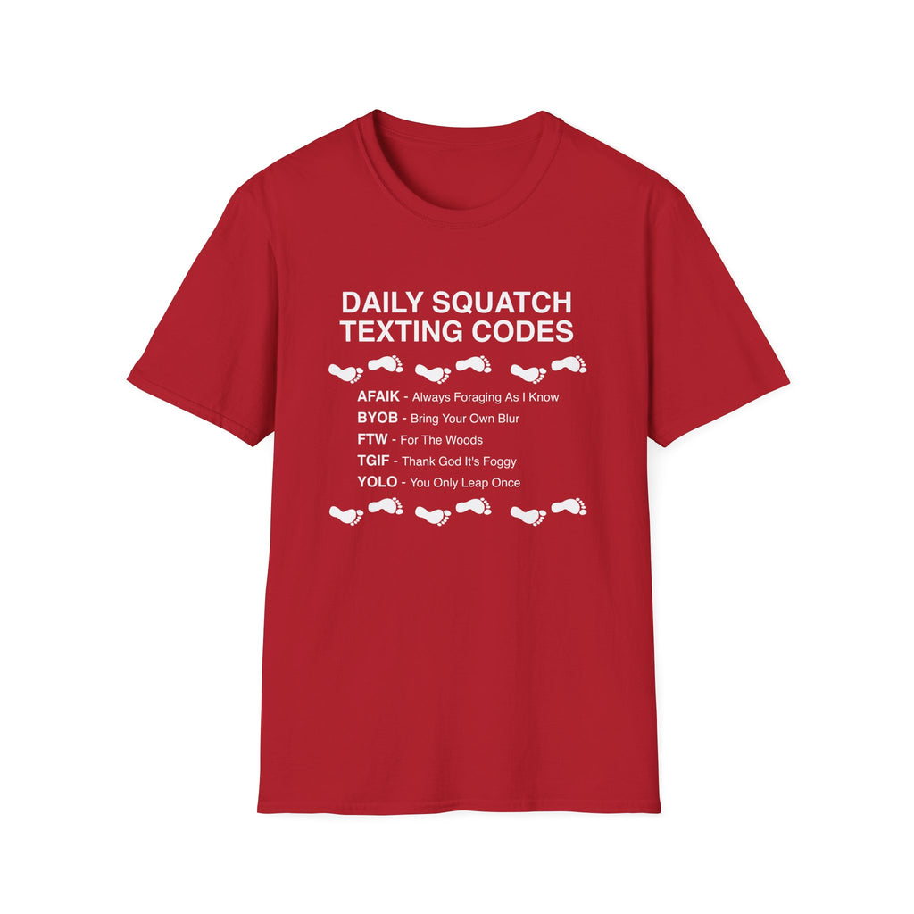 Daily Squatch Texting Codes T-Shirt — Funny Sasquatch Footprint Tee for Bigfoot Fans