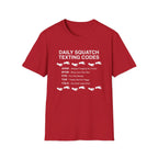 Daily Squatch Texting Codes T-Shirt — Funny Sasquatch Footprint Tee for Bigfoot Fans