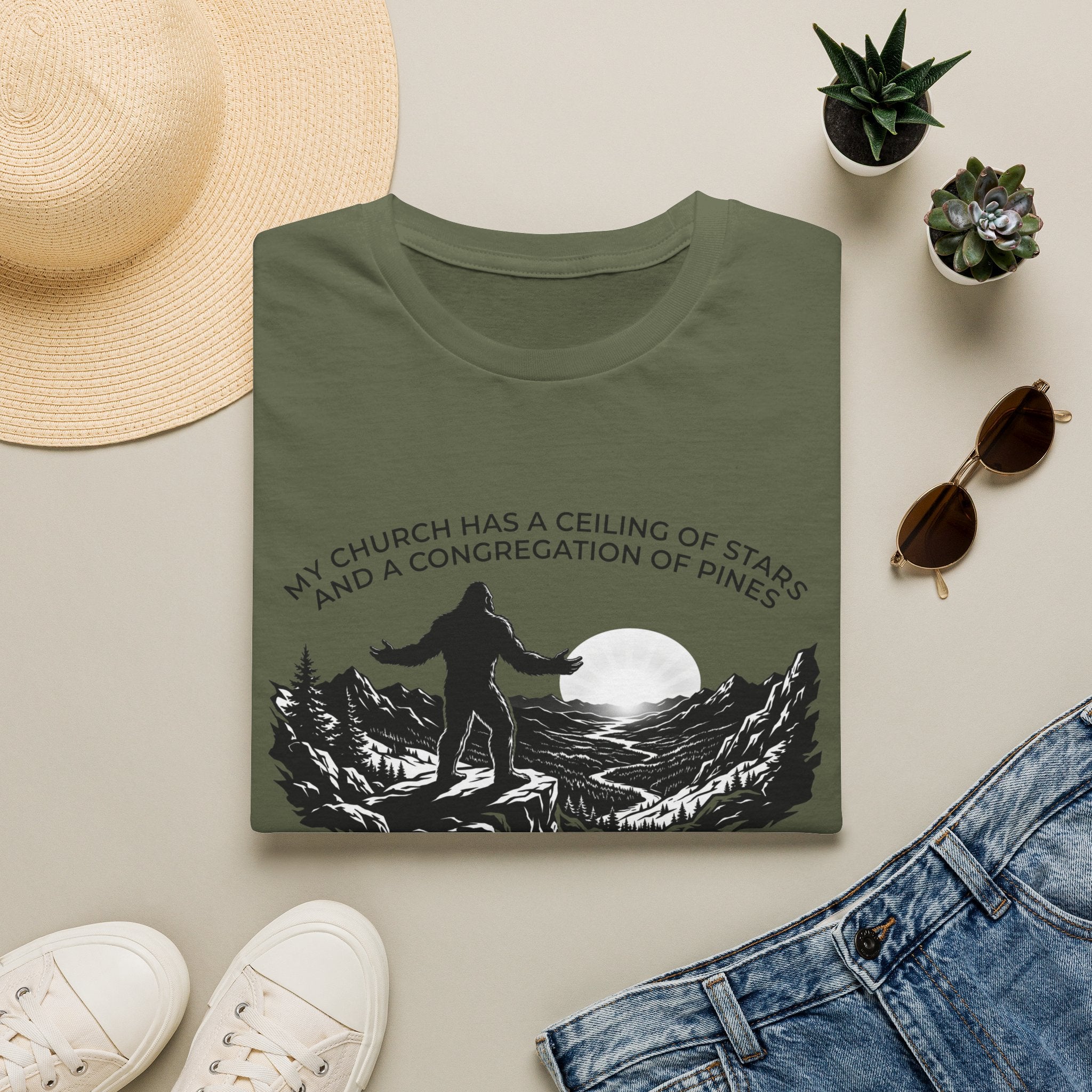 Bigfoot Outdoors Church T-Shirt — "My Church Has a Ceiling of Stars" Scenic Mountain Tee