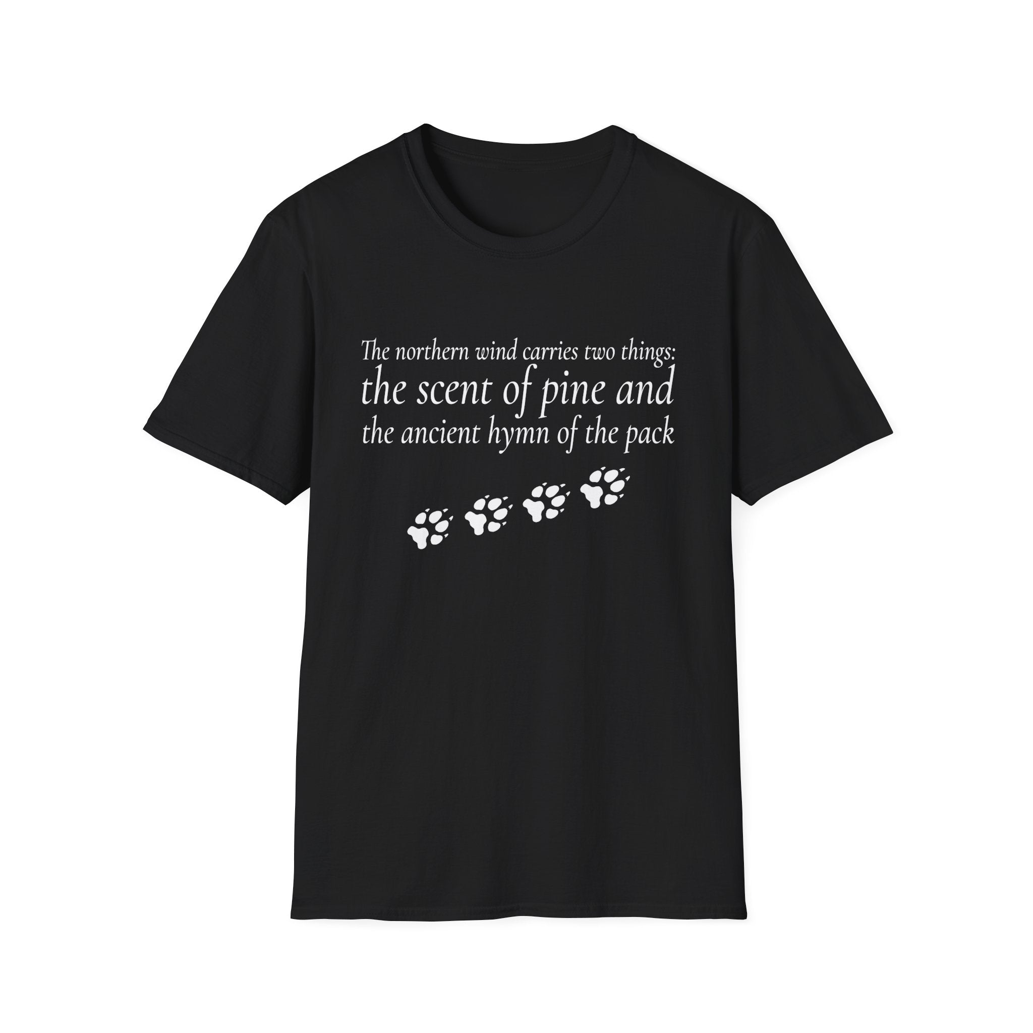 Pine & Pack Wolf Pack Tee — 'The northern wind carries two things' Paw Print Shirt