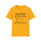 Daily Squatch Texting Codes T-Shirt — Funny Sasquatch Footprint Tee for Bigfoot Fans