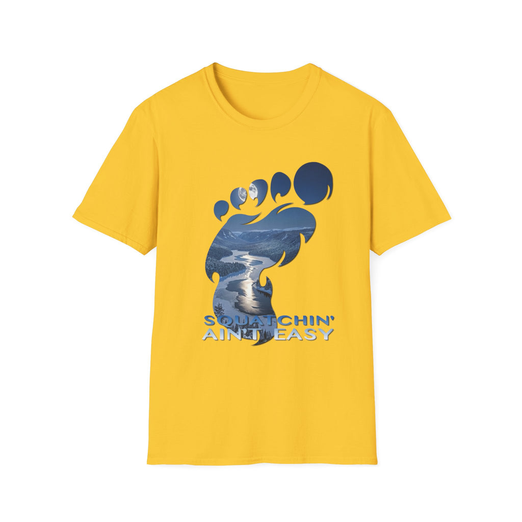 Bigfoot 'Squatchin' Ain't Easy' T-Shirt — Moonlit Winter Lake Sasquatch Tee