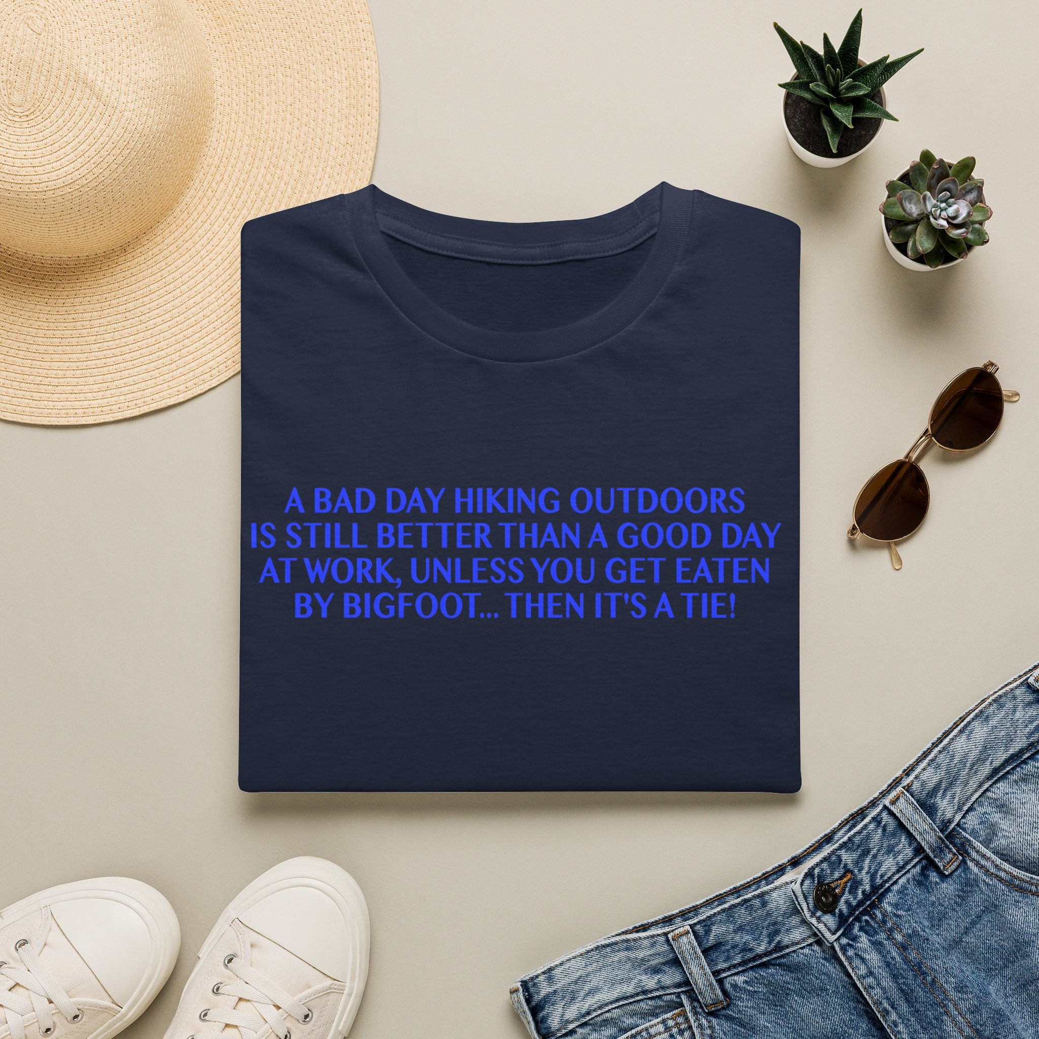 Funny Hiking T-Shirt - A Bad Day Outdoors vs. Bigfoot Tie