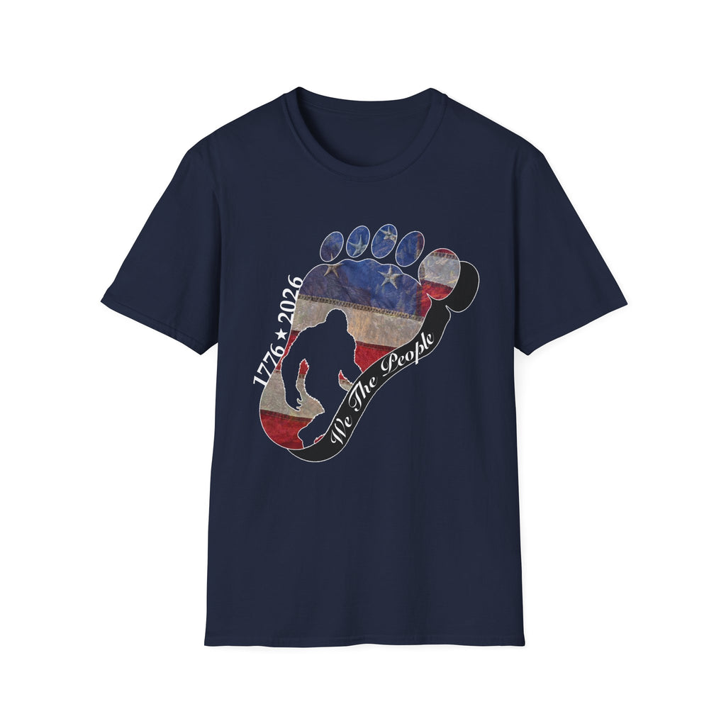 Going Norther Bigfoot T-Shirt — Footprint Silhouette with Distressed Flag & "1776 - 2026 - We The People"