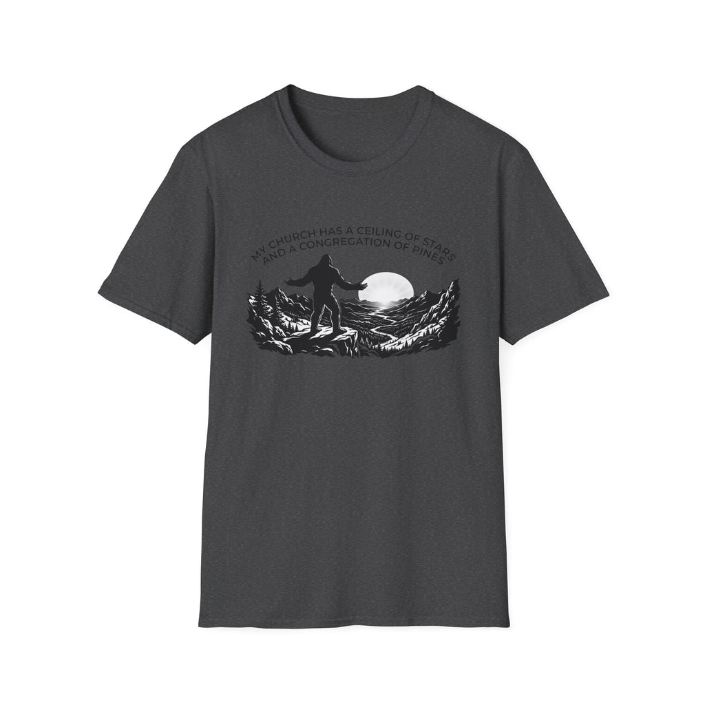 Bigfoot Outdoors Church T-Shirt — "My Church Has a Ceiling of Stars" Scenic Mountain Tee