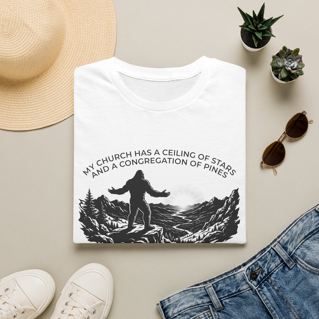 Bigfoot Outdoors Church T-Shirt — "My Church Has a Ceiling of Stars" Scenic Mountain Tee