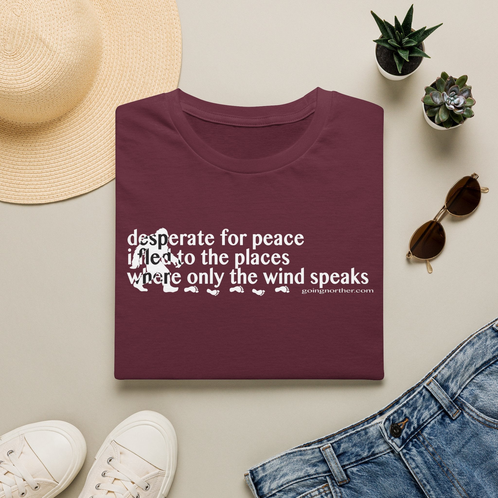 T-Shirt — "Desperate for Peace" Minimalist Text "Bigfoot" Tee