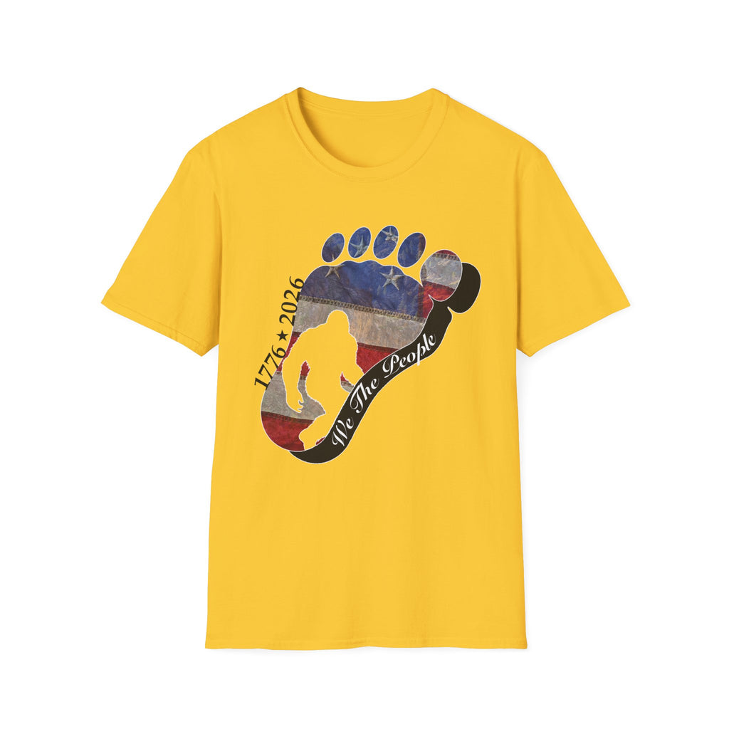 Going Norther Bigfoot T-Shirt — Footprint Silhouette with Distressed Flag & "1776 - 2026 - We The People"
