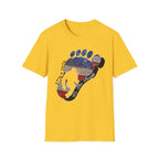 Going Norther Bigfoot T-Shirt — Footprint Silhouette with Distressed Flag & "1776 - 2026 - We The People"
