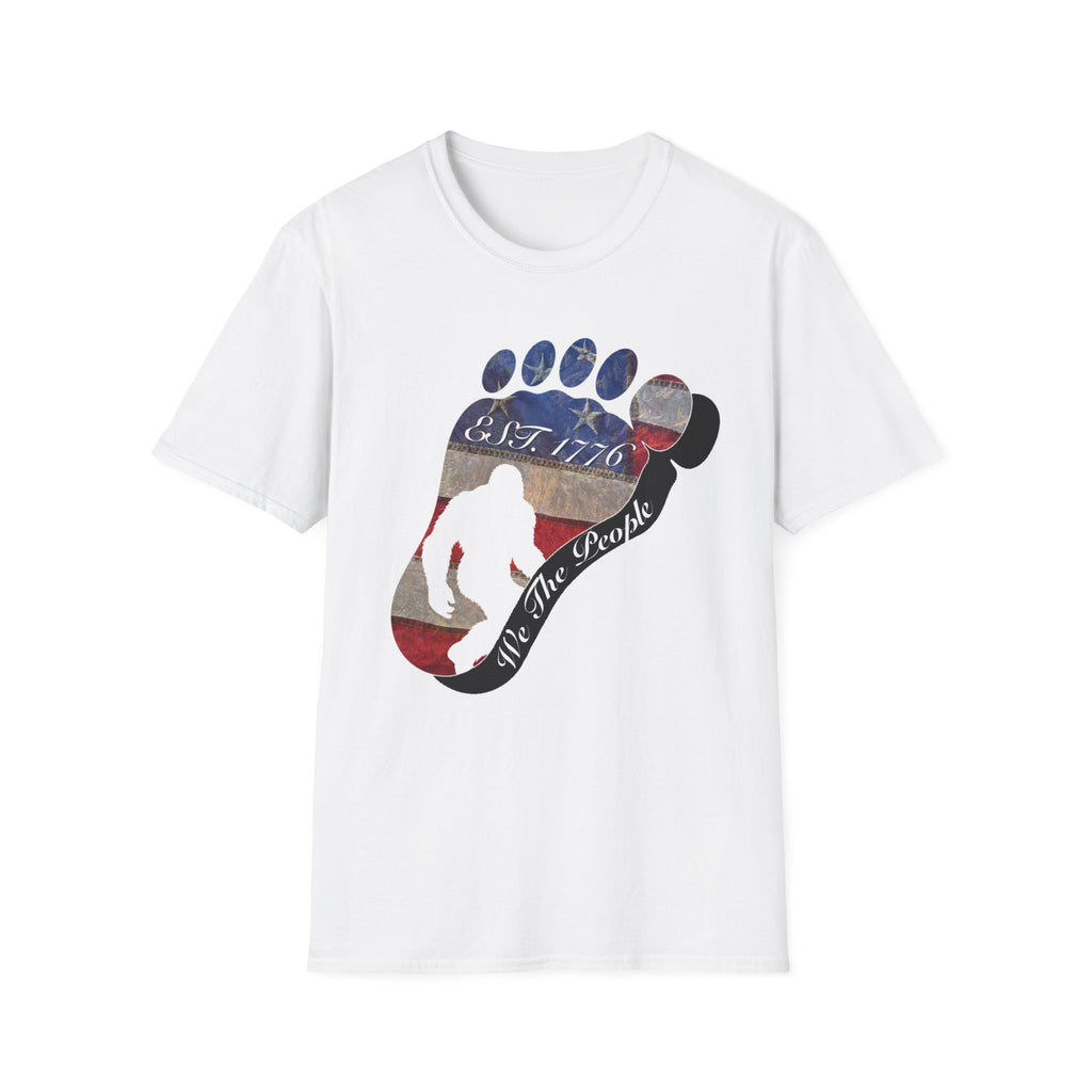 Going Norther Bigfoot T-Shirt — Footprint Silhouette with Distressed Flag "EST. 1776 - We The People"
