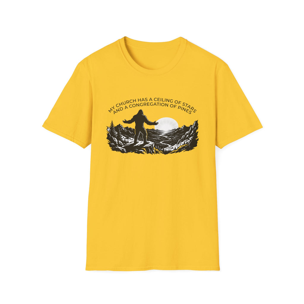 Bigfoot Outdoors Church T-Shirt — "My Church Has a Ceiling of Stars" Scenic Mountain Tee