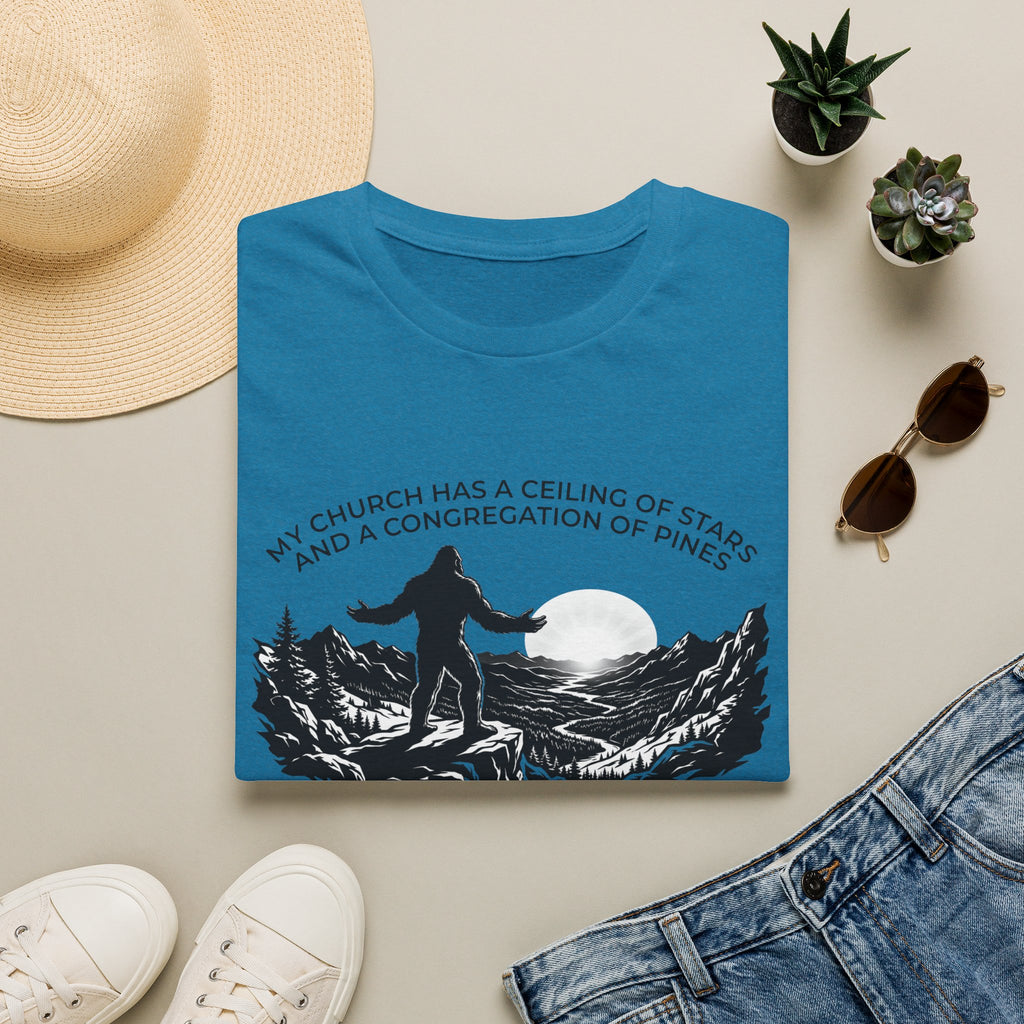 Bigfoot Outdoors Church T-Shirt — "My Church Has a Ceiling of Stars" Scenic Mountain Tee