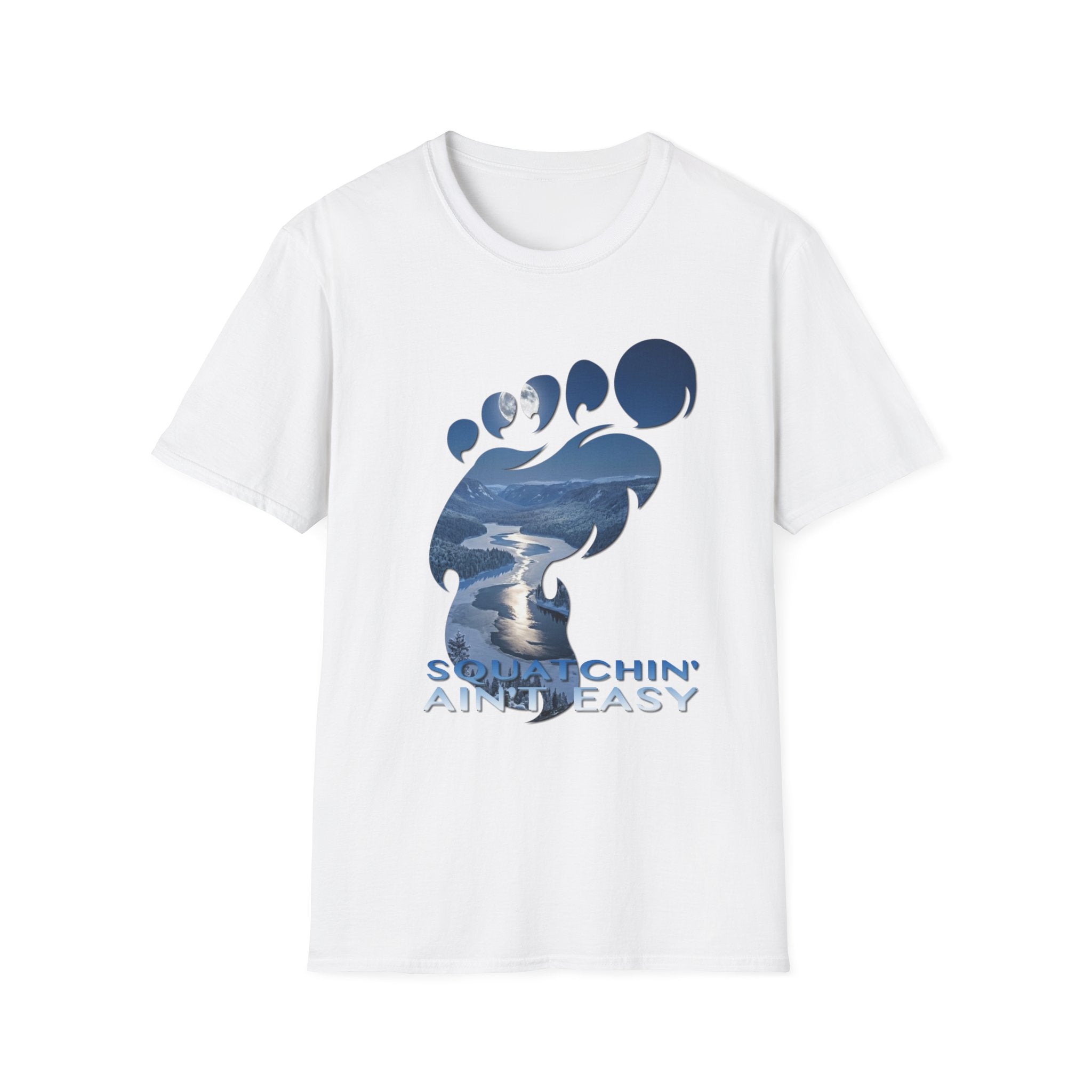 Bigfoot 'Squatchin' Ain't Easy' T-Shirt — Moonlit Winter Lake Sasquatch Tee