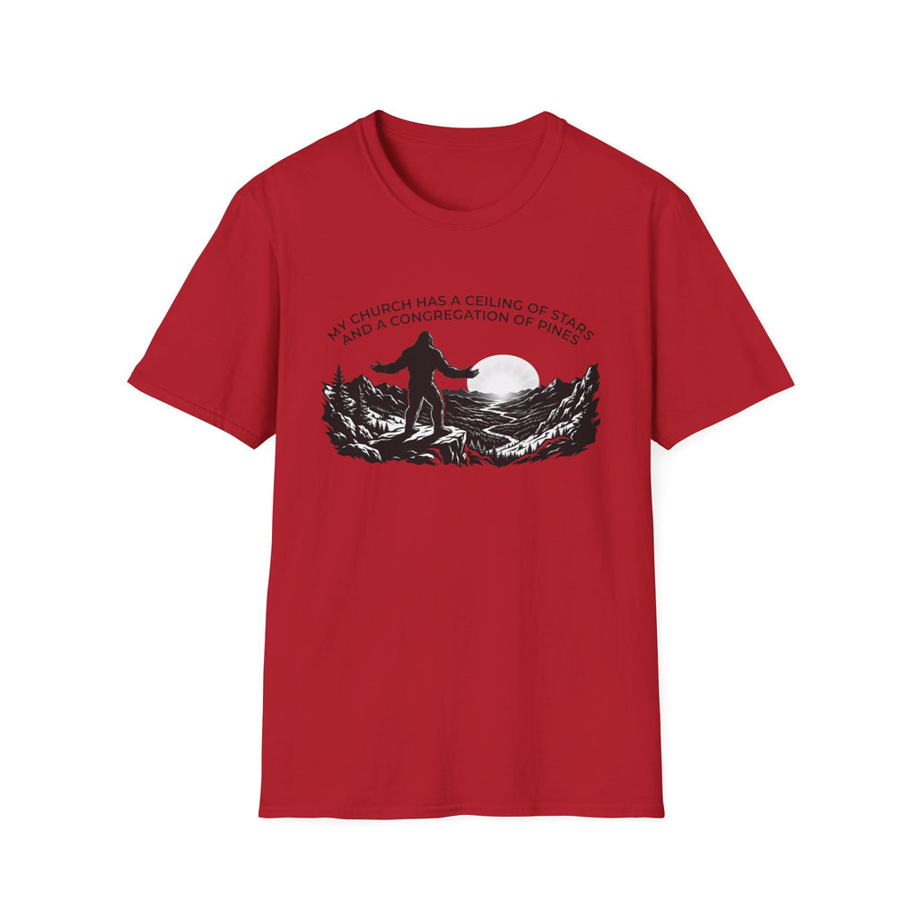 Bigfoot Outdoors Church T-Shirt — "My Church Has a Ceiling of Stars" Scenic Mountain Tee