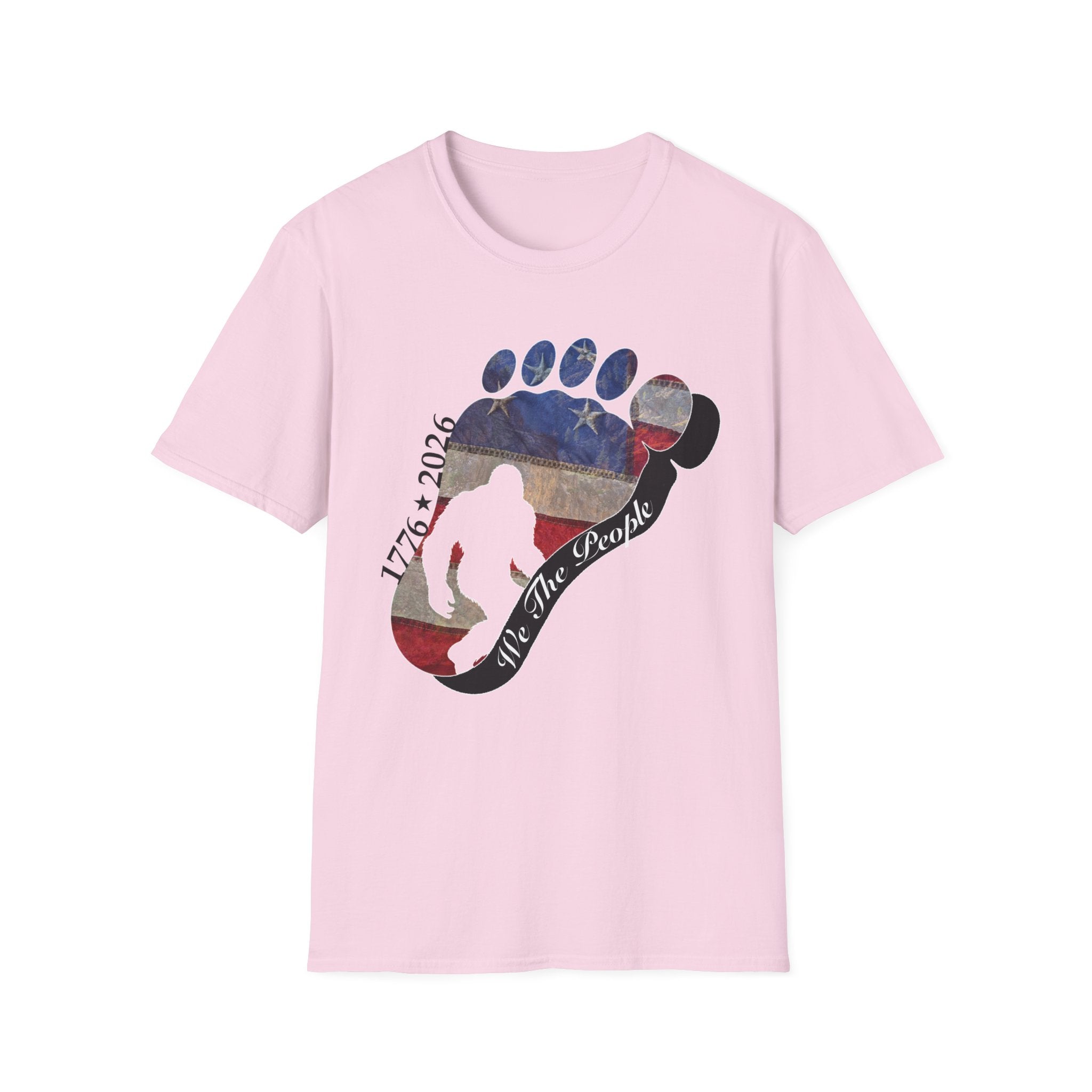 Going Norther Bigfoot T-Shirt — Footprint Silhouette with Distressed Flag & "1776 - 2026 - We The People"