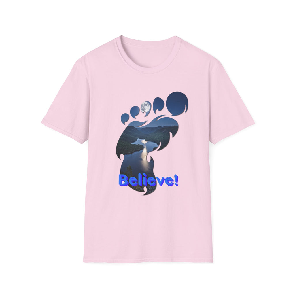 Bigfoot Footprint 'Believe!' Tee — Moonlit Northern Lake Graphic T-Shirt