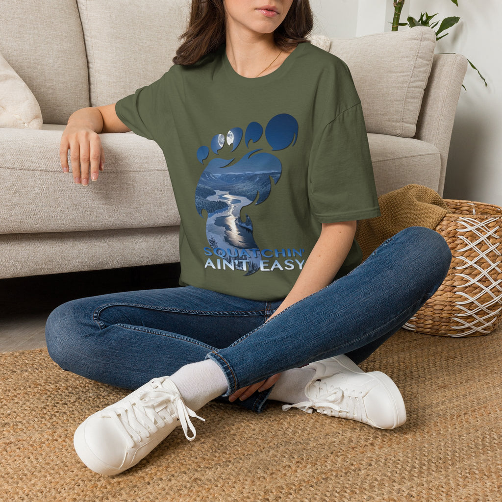 Bigfoot 'Squatchin' Ain't Easy' T-Shirt — Moonlit Winter Lake Sasquatch Tee