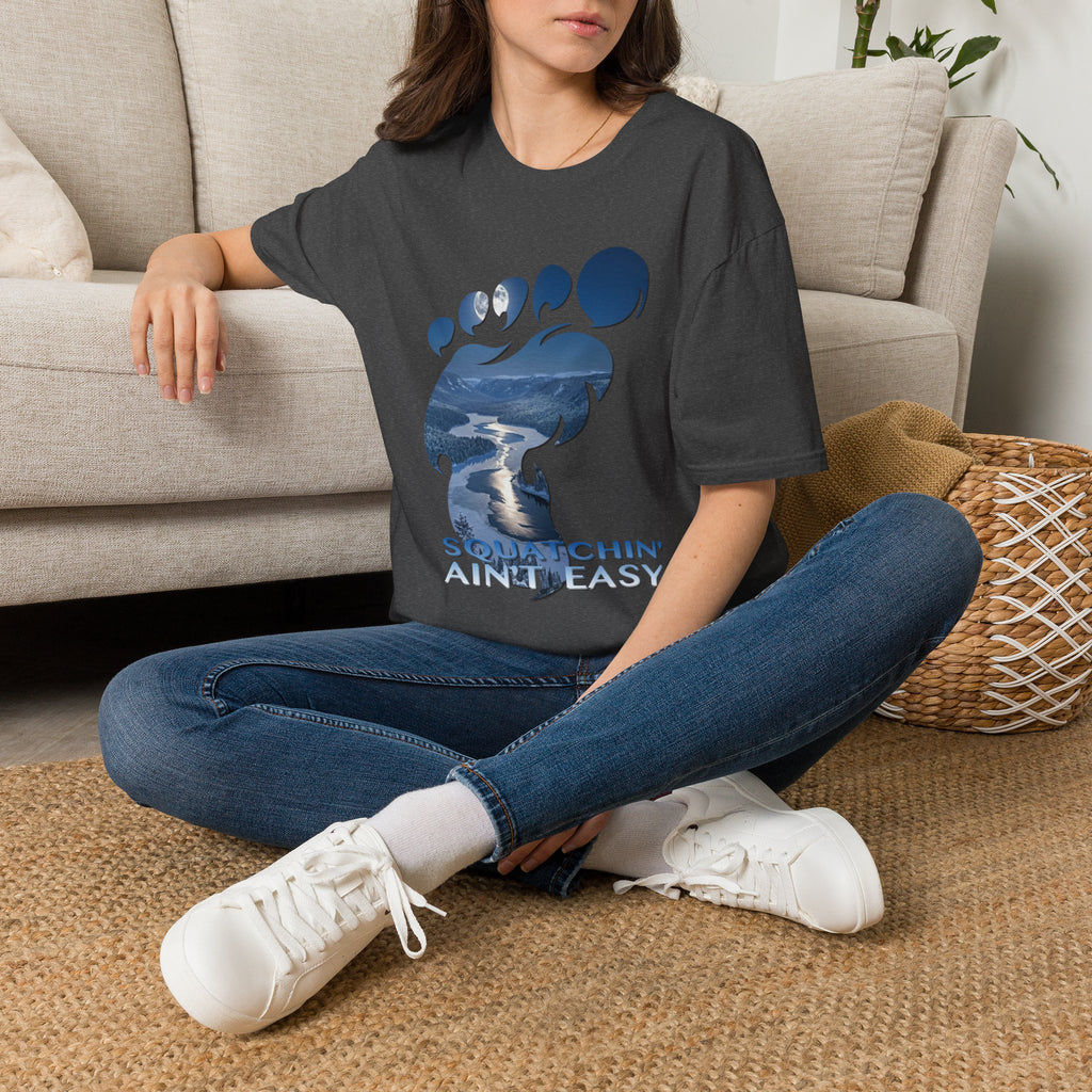 Bigfoot 'Squatchin' Ain't Easy' T-Shirt — Moonlit Winter Lake Sasquatch Tee