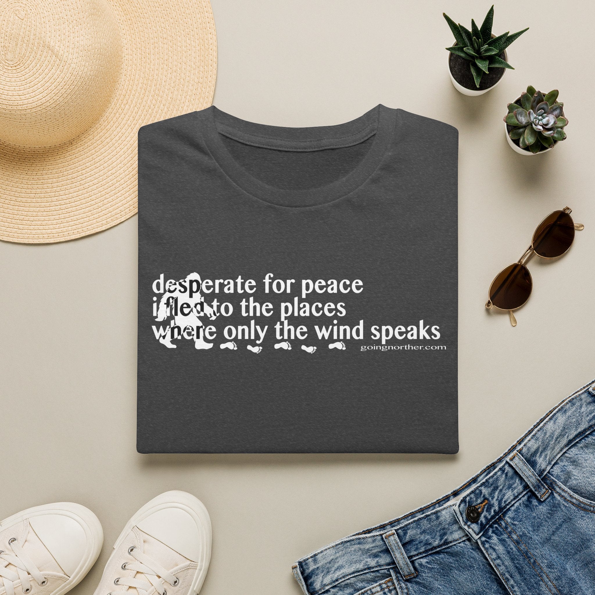 T-Shirt — "Desperate for Peace" Minimalist Text "Bigfoot" Tee