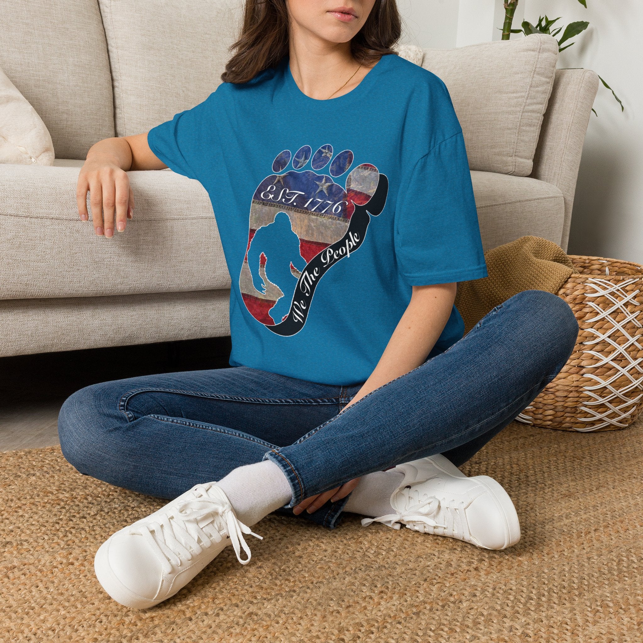 Going Norther Bigfoot T-Shirt — Footprint Silhouette with Distressed Flag "EST. 1776 - We The People"