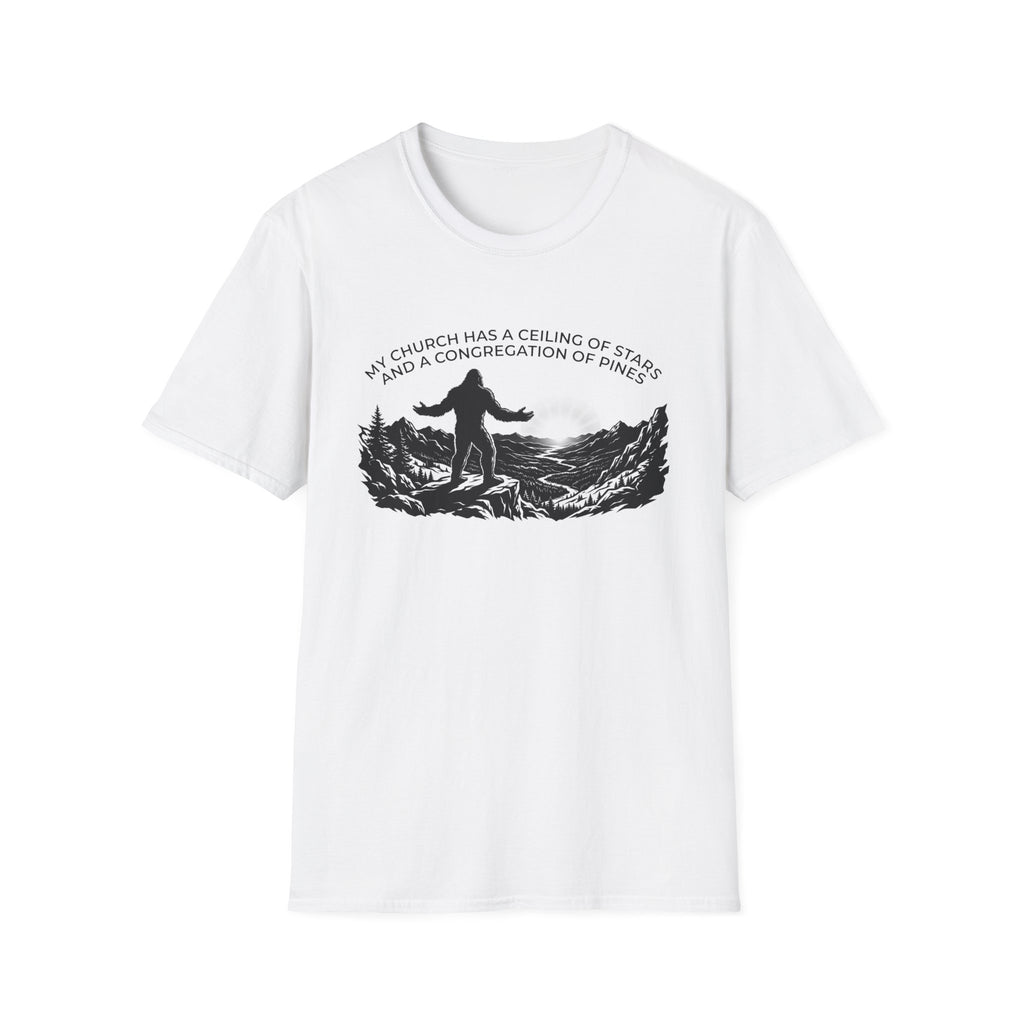 Bigfoot Outdoors Church T-Shirt — "My Church Has a Ceiling of Stars" Scenic Mountain Tee