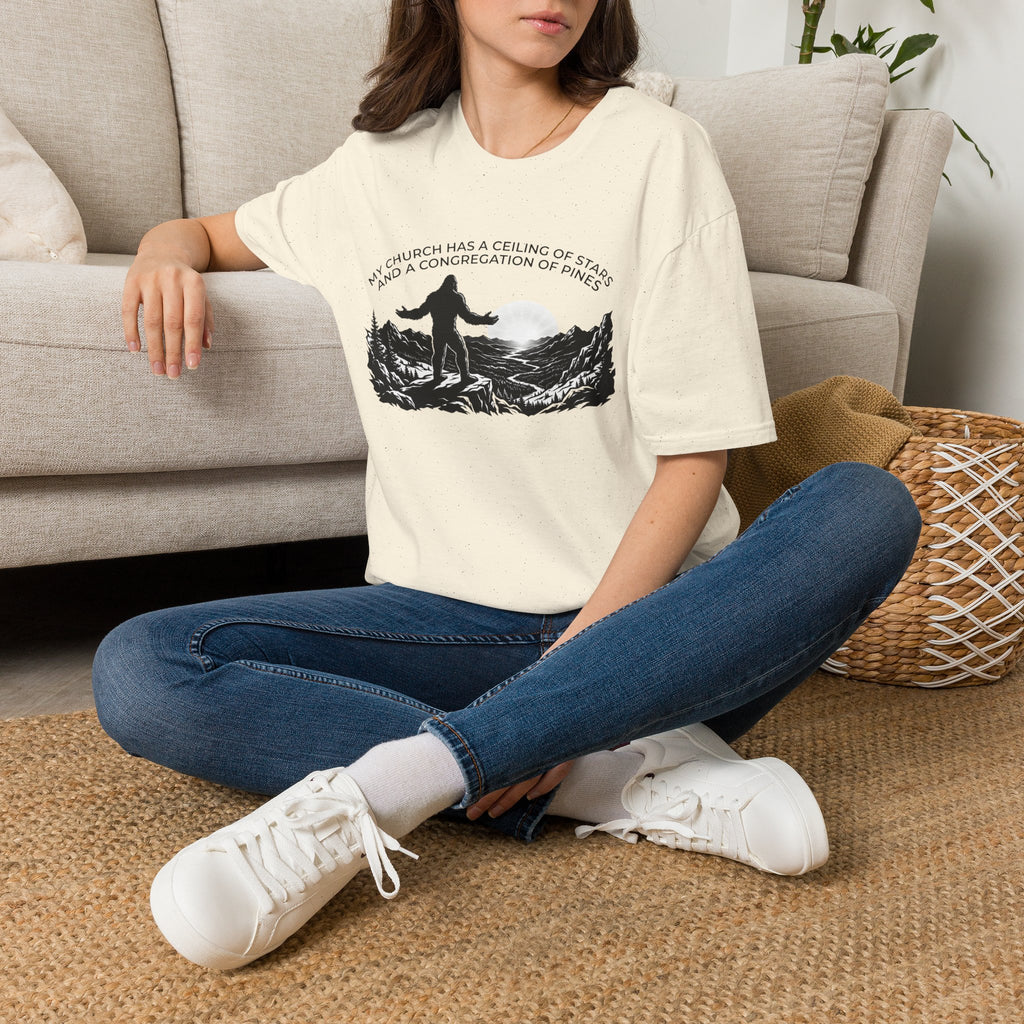 Bigfoot Outdoors Church T-Shirt — "My Church Has a Ceiling of Stars" Scenic Mountain Tee