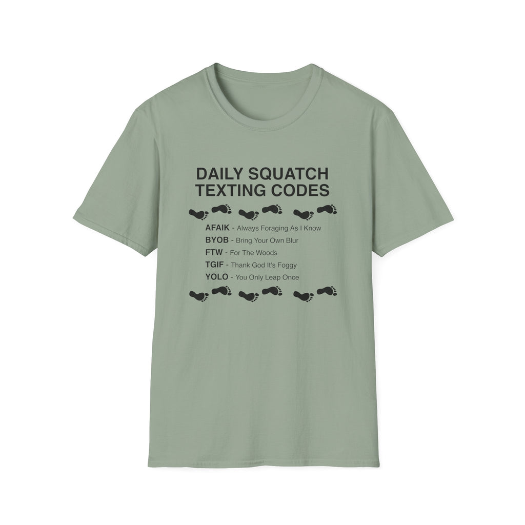 Daily Squatch Texting Codes T-Shirt — Funny Sasquatch Footprint Tee for Bigfoot Fans